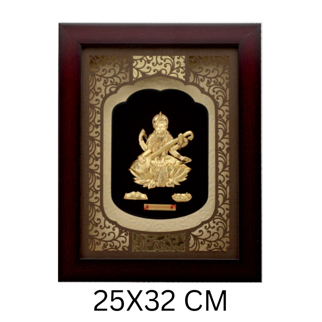 24KT GOLD FOIL SOLID ROSEWOOD SARASWATI JI FRAME