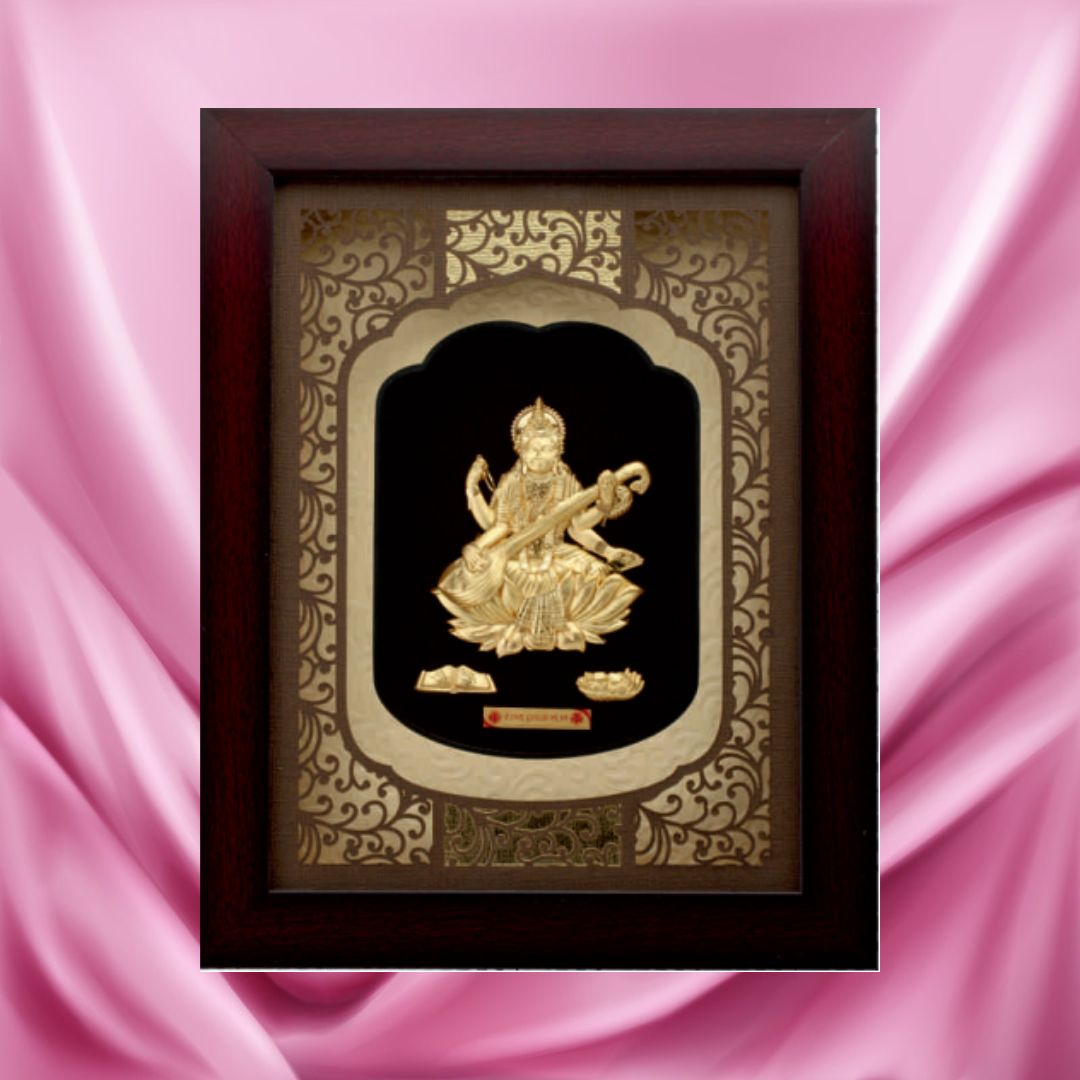 24KT GOLD FOIL SOLID ROSEWOOD SARASWATI JI FRAME