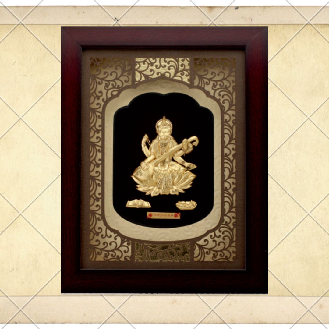 24KT GOLD FOIL SOLID ROSEWOOD SARASWATI JI FRAME