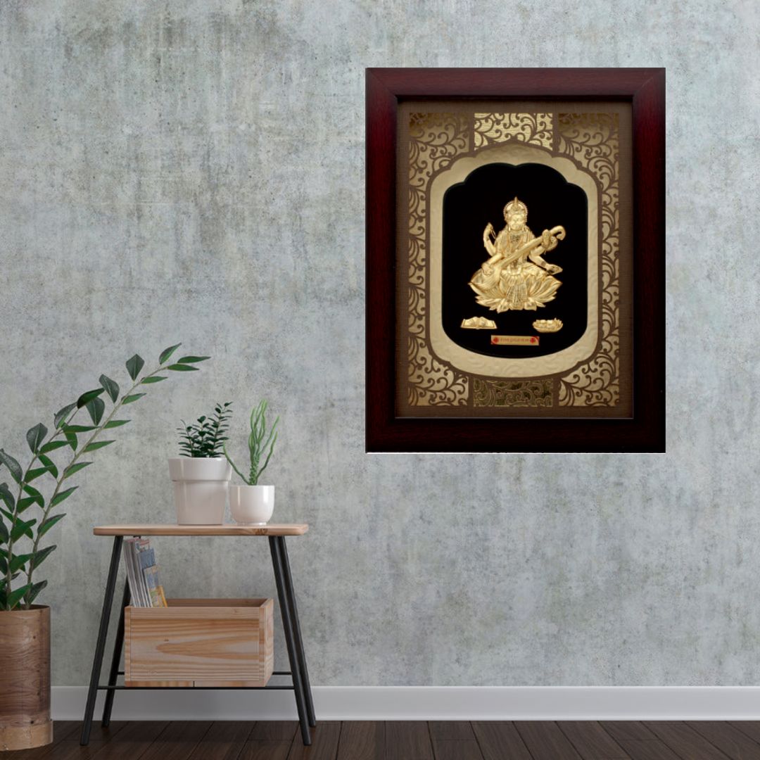 24KT GOLD FOIL SOLID ROSEWOOD SARASWATI JI FRAME